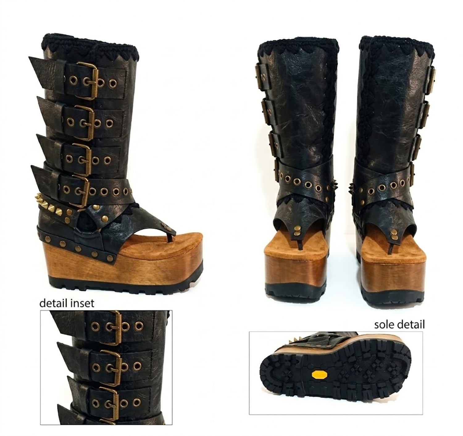 Luxury handmade Alabama Flip Flops Black Boots in black leather, showing the 10 cm wooden wedge, Vibram tractor sole, and old gold pyramid stud details.