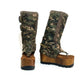 Handmade Alabama Flip Flops Army Boots in camouflage leather, featuring old gold pyramid studs, a wooden wedge, and a black Vibram tractor sole.