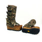 Handmade Alabama Flip Flops Army Boots in camouflage leather, featuring old gold pyramid studs, a wooden wedge, and a black Vibram tractor sole.