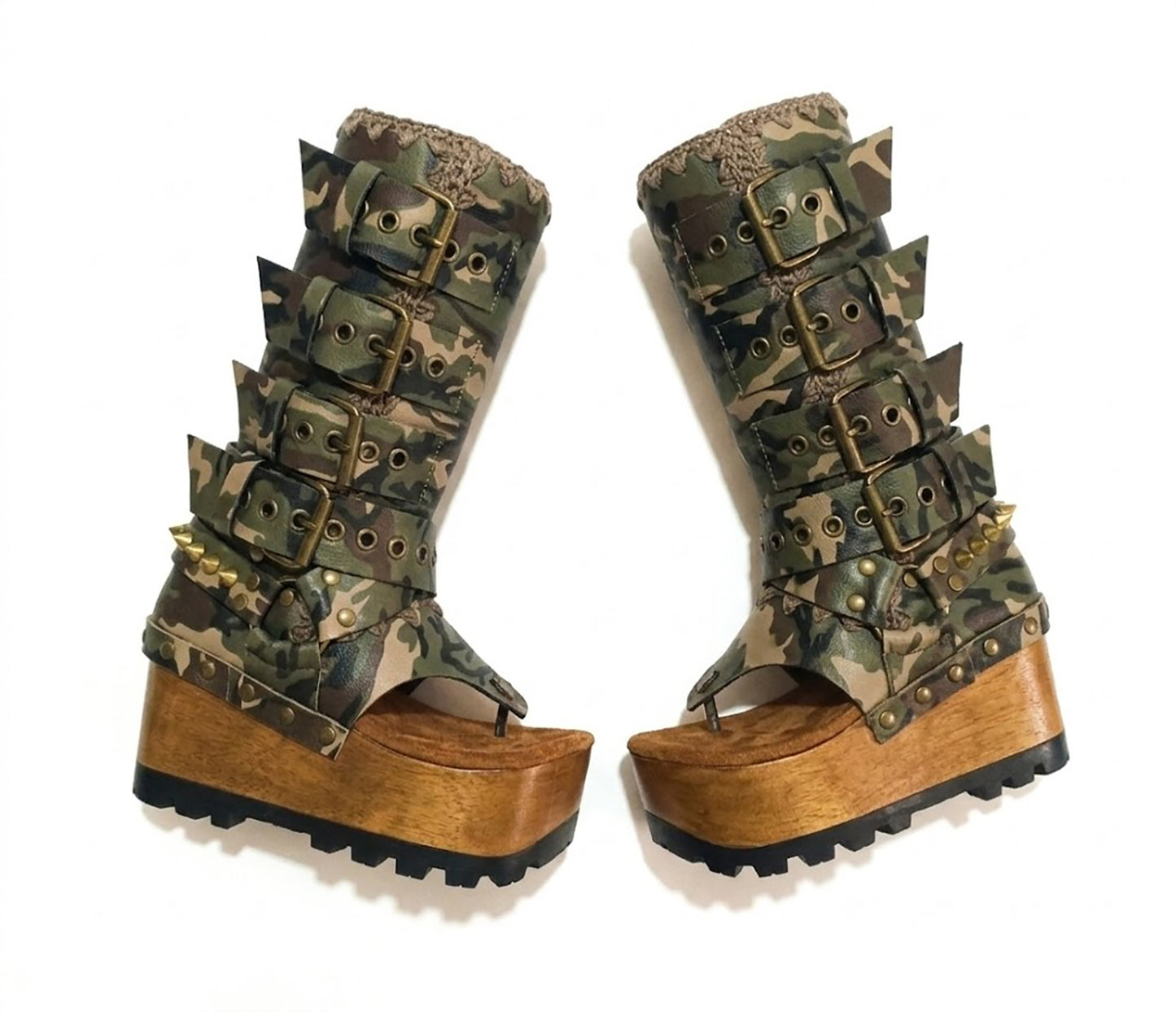 Handmade Alabama Flip Flops Army Boots in camouflage leather, featuring old gold pyramid studs, a wooden wedge, and a black Vibram tractor sole.