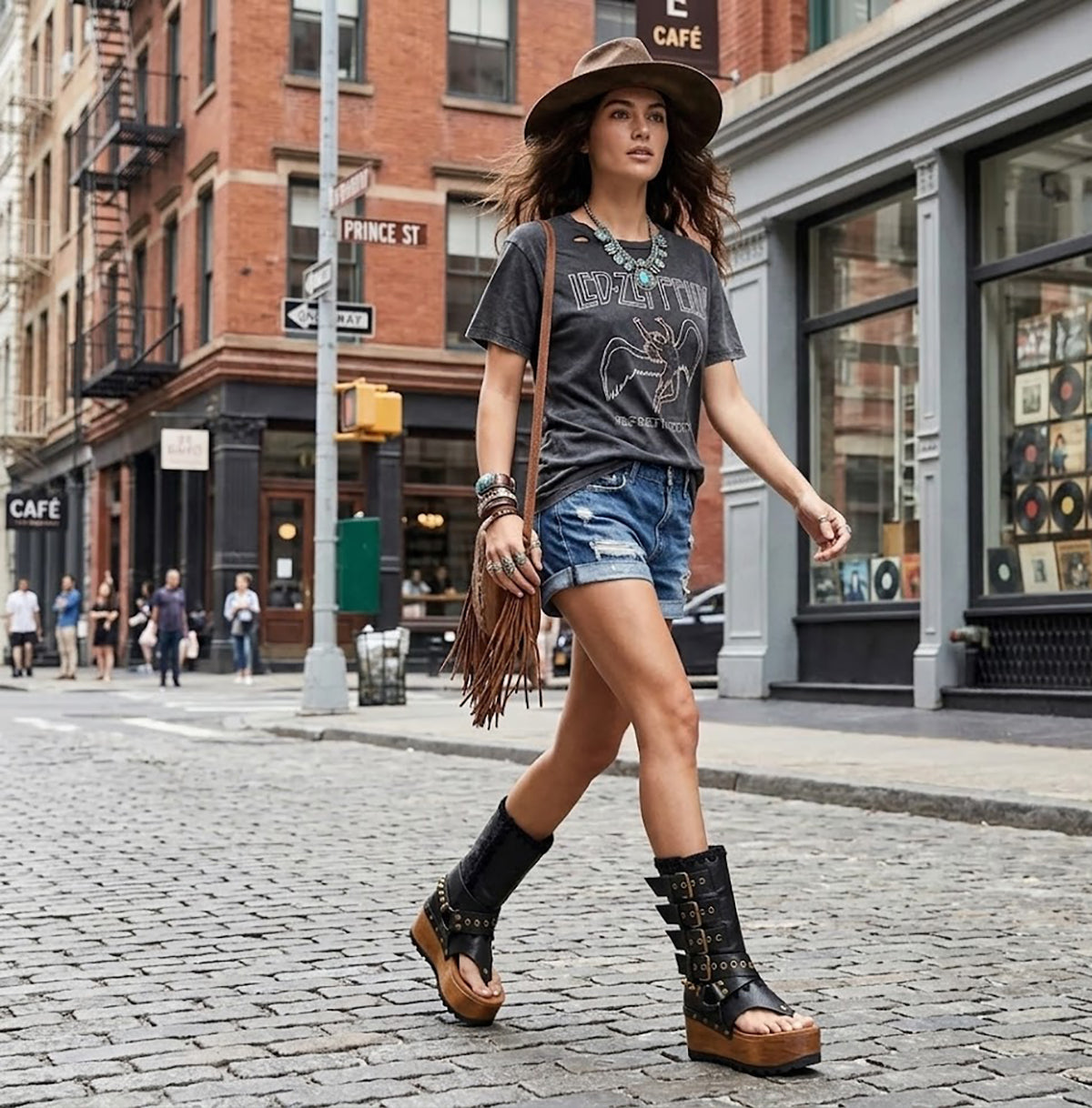 Model wearing Alabama Flip Flops Black Boots in a boho-rock style, featuring black leather platform sandals with gold studs, paired with an edgy artisanal outfit.