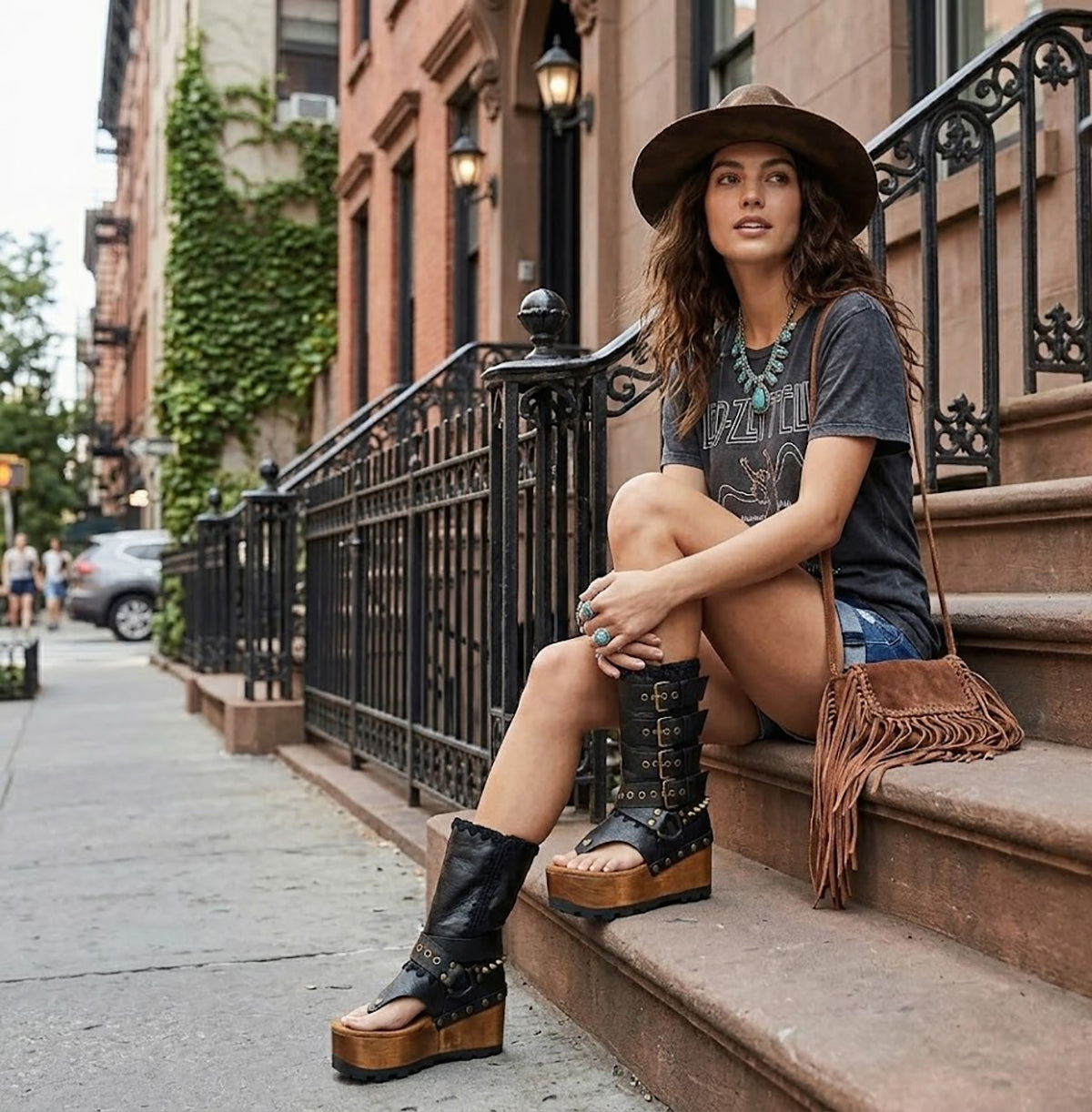 Model wearing Alabama Flip Flops Black Boots in a boho-rock style, featuring black leather platform sandals with gold studs, paired with an edgy artisanal outfit.