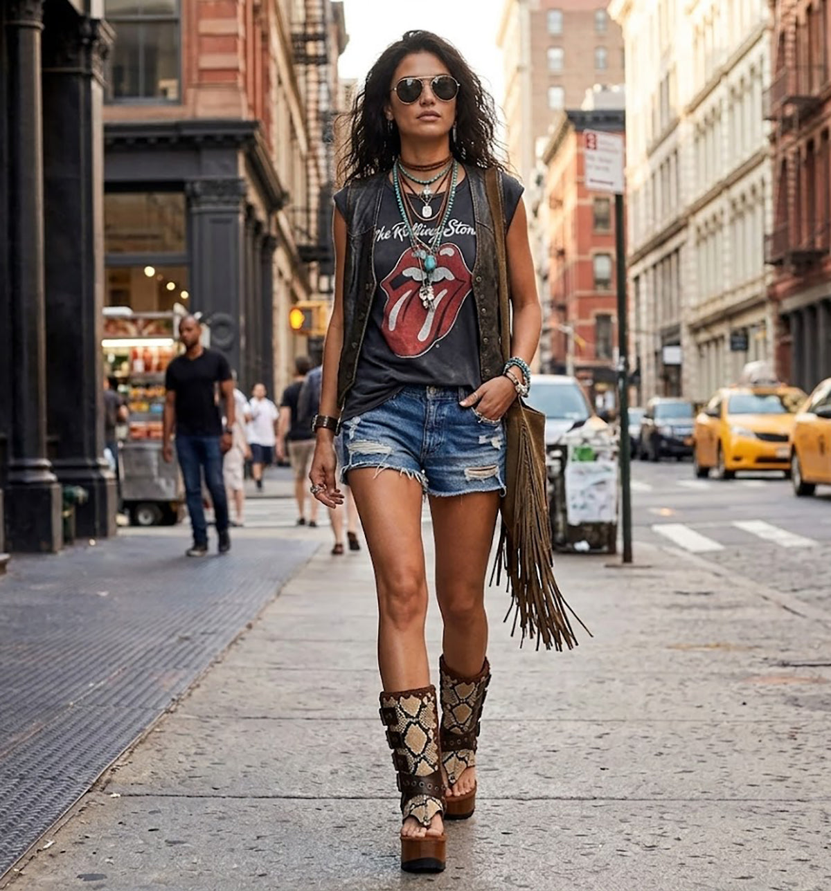Model wearing Alabama Flip Flops Snake Boots with exotic snake-print leather, featuring a boho-chic luxury style with gold pyramid studs and high platform wedges.