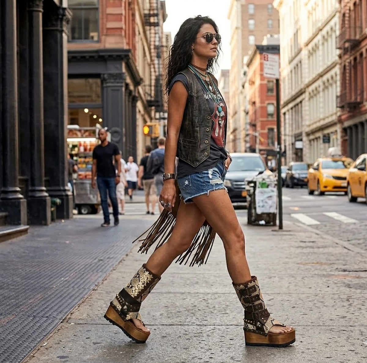 Model wearing Alabama Flip Flops Snake Boots with exotic snake-print leather, featuring a boho-chic luxury style with gold pyramid studs and high platform wedges.