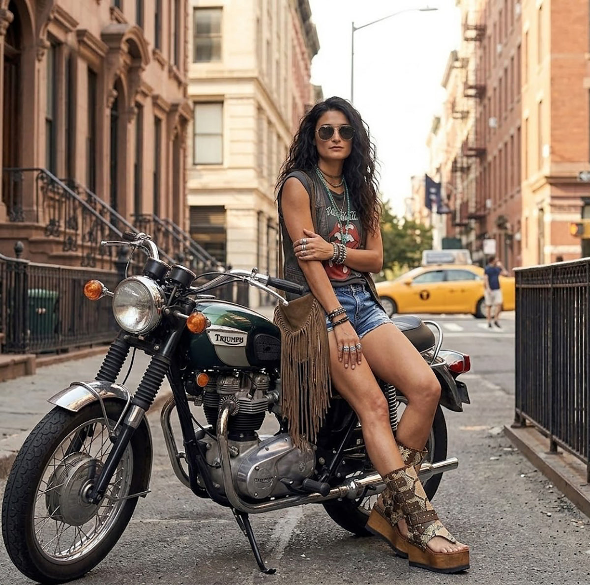 Model wearing Alabama Flip Flops Snake Boots with exotic snake-print leather, featuring a boho-chic luxury style with gold pyramid studs and high platform wedges.