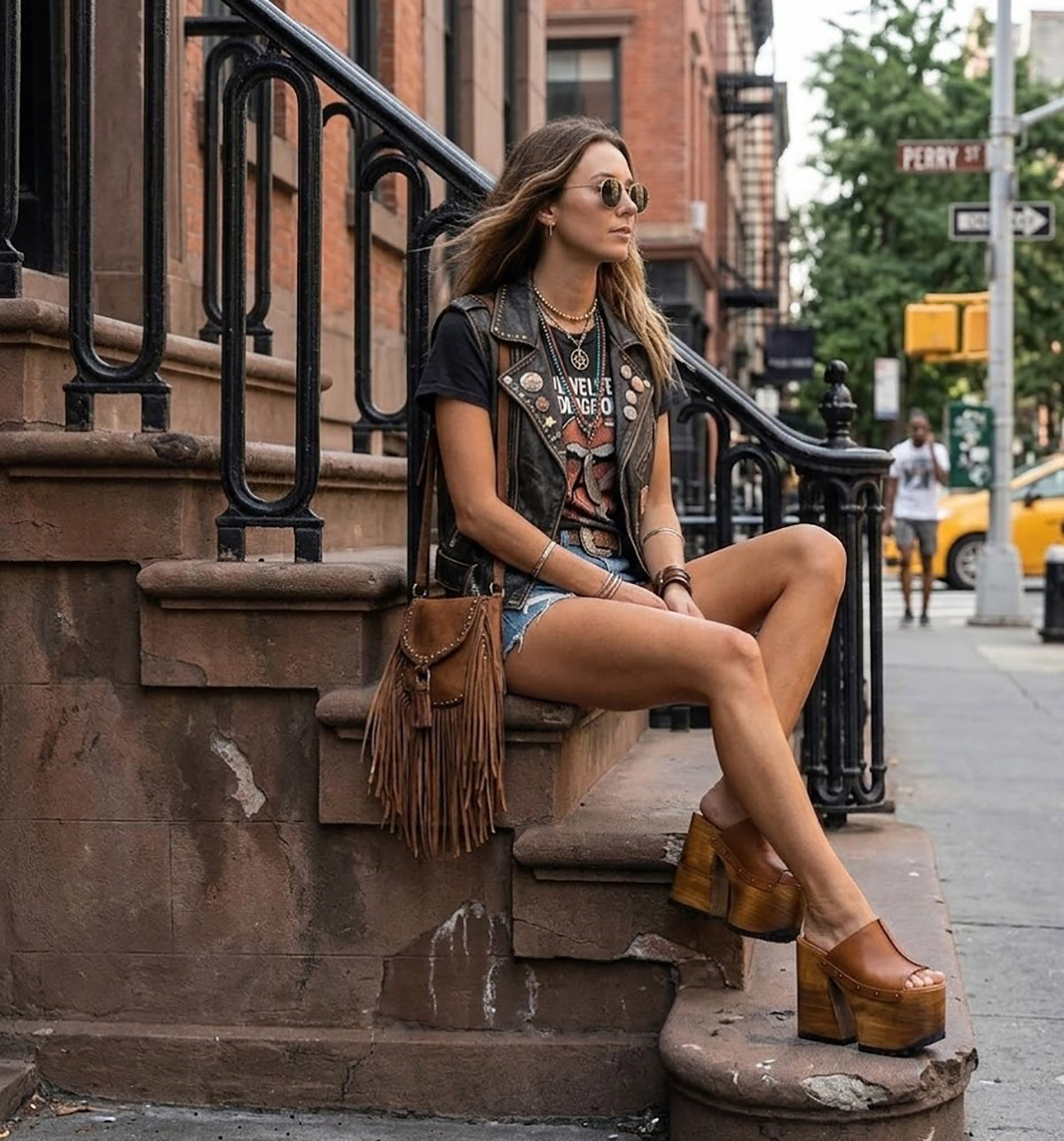 Model wearing the Camel Luxury Queen Sandals by Sol Caleyo, showcasing the elegant fit of the camel leather upper and the dramatic height of the handcrafted wooden platform, styled for a luxury boho-chic fashion look.