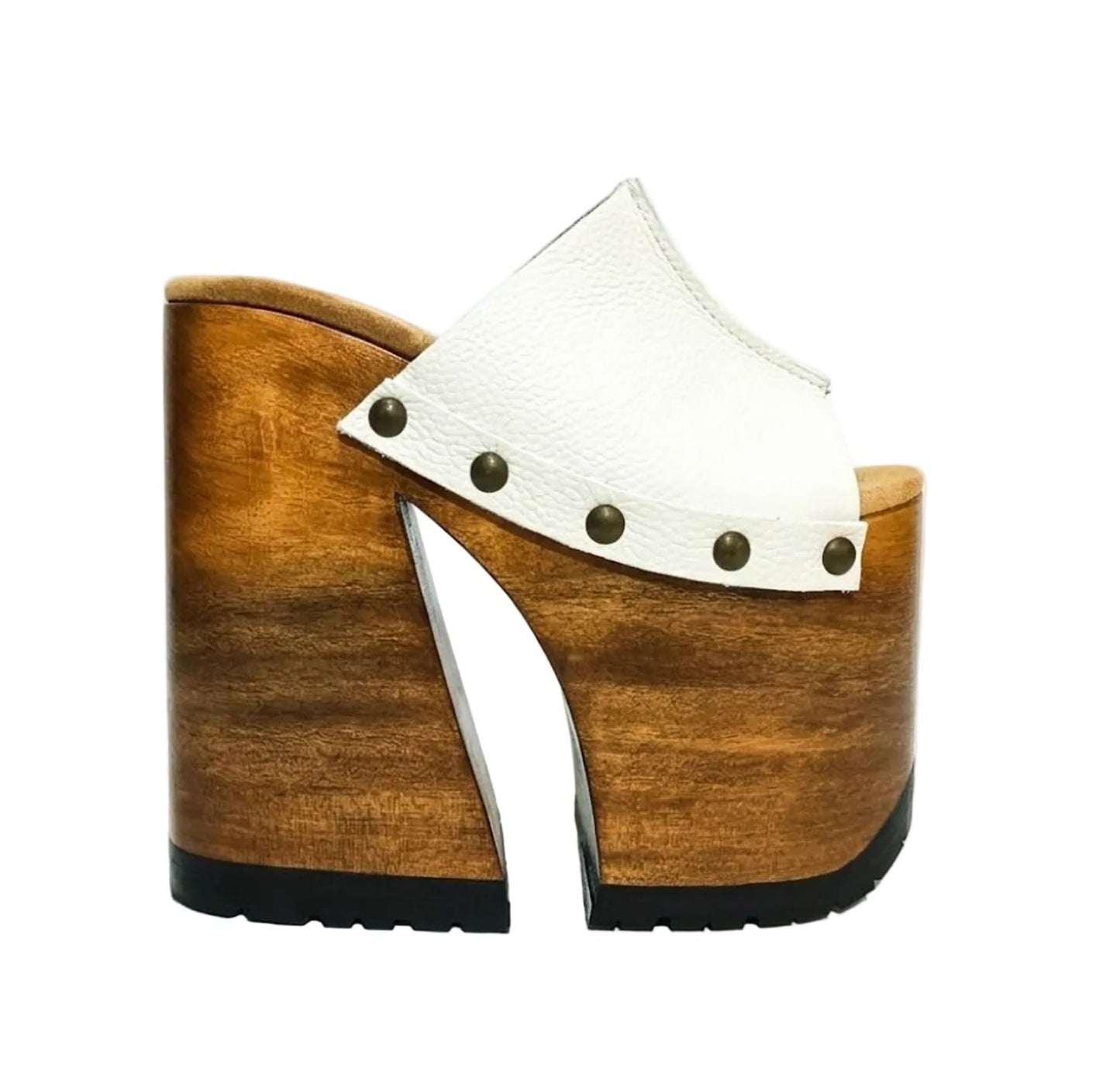 Side view of White Luxury Queen Sandals by Sol Caleyo featuring 17cm bell-style wooden heel and 11cm hand-carved platform. High-end handcrafted white leather platform sandals with vintage studs and padded goatskin suede insole. Artisanal luxury footwear for women, 100% handmade.