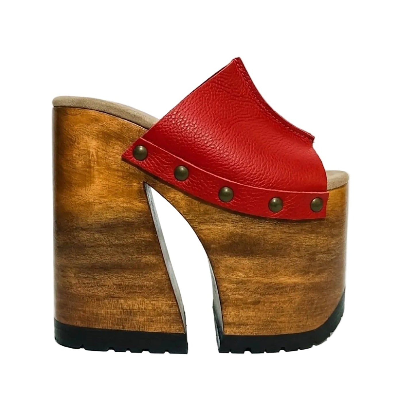 Red Luxury Queen Sandals by Sol Caleyo, featuring vibrant red leather, a massive 17 cm bell-shaped wooden heel, and an 11 cm platform with a black rubber track sole