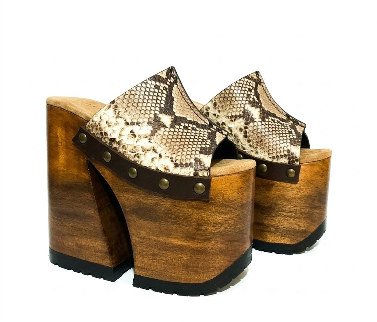 Handcrafted Snake Luxury Queen Sandals by Sol Caleyo featuring exotic snake-print leather, 17cm bell heel, and 11cm hand-carved wooden platform on a white background.