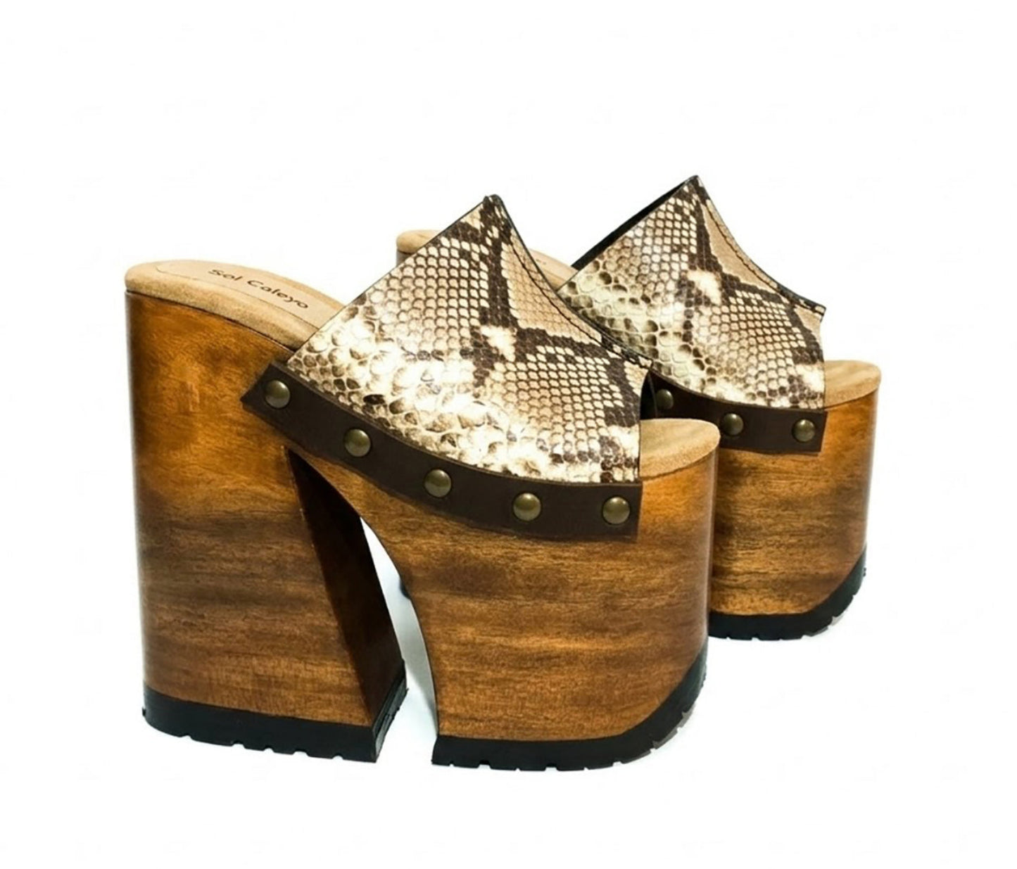 Handcrafted Snake Luxury Queen Sandals by Sol Caleyo featuring exotic snake-print leather, 17cm bell heel, and 11cm hand-carved wooden platform on a white background.