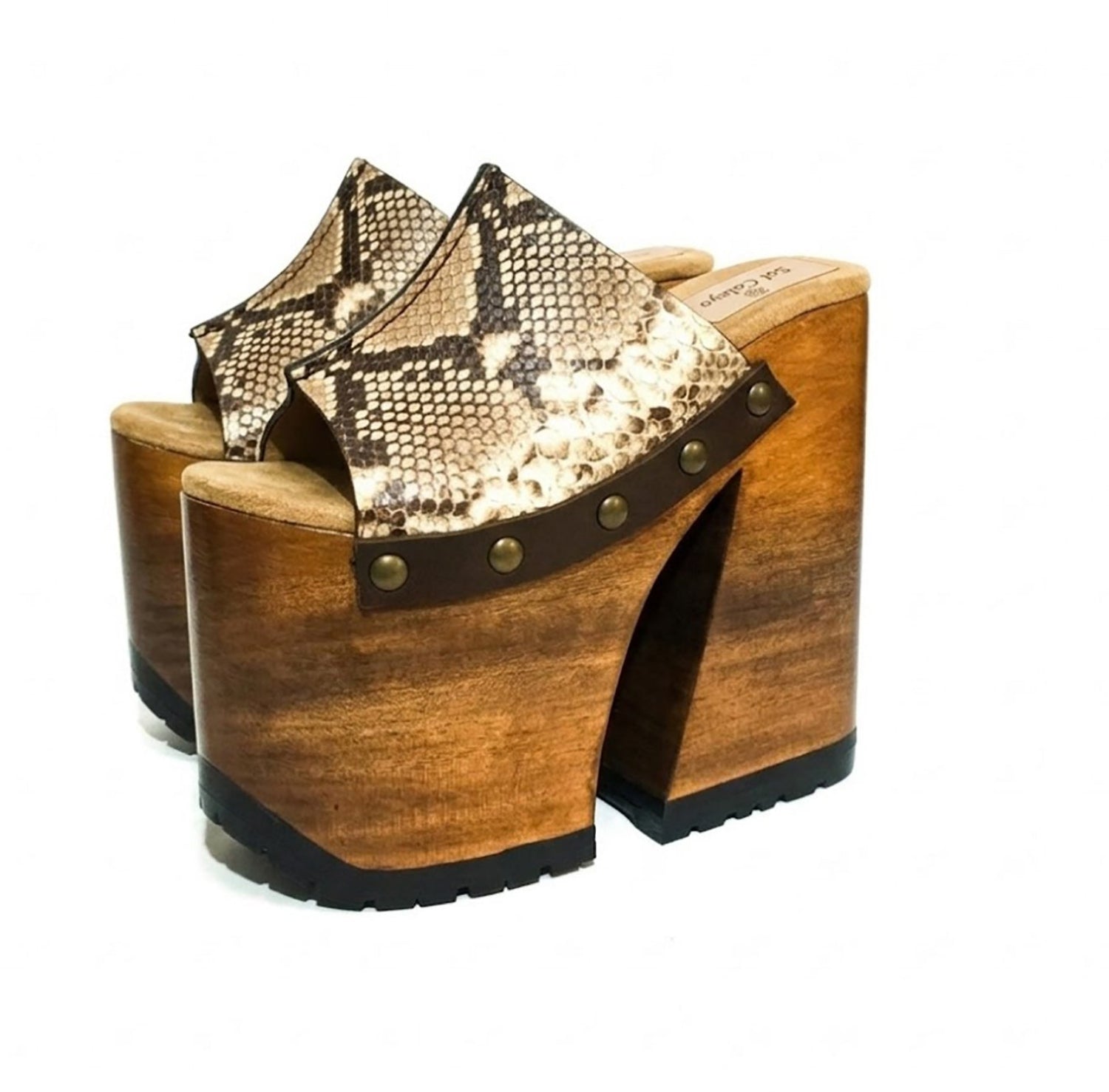 Handcrafted Snake Luxury Queen Sandals by Sol Caleyo featuring exotic snake-print leather, 17cm bell heel, and 11cm hand-carved wooden platform on a white background.