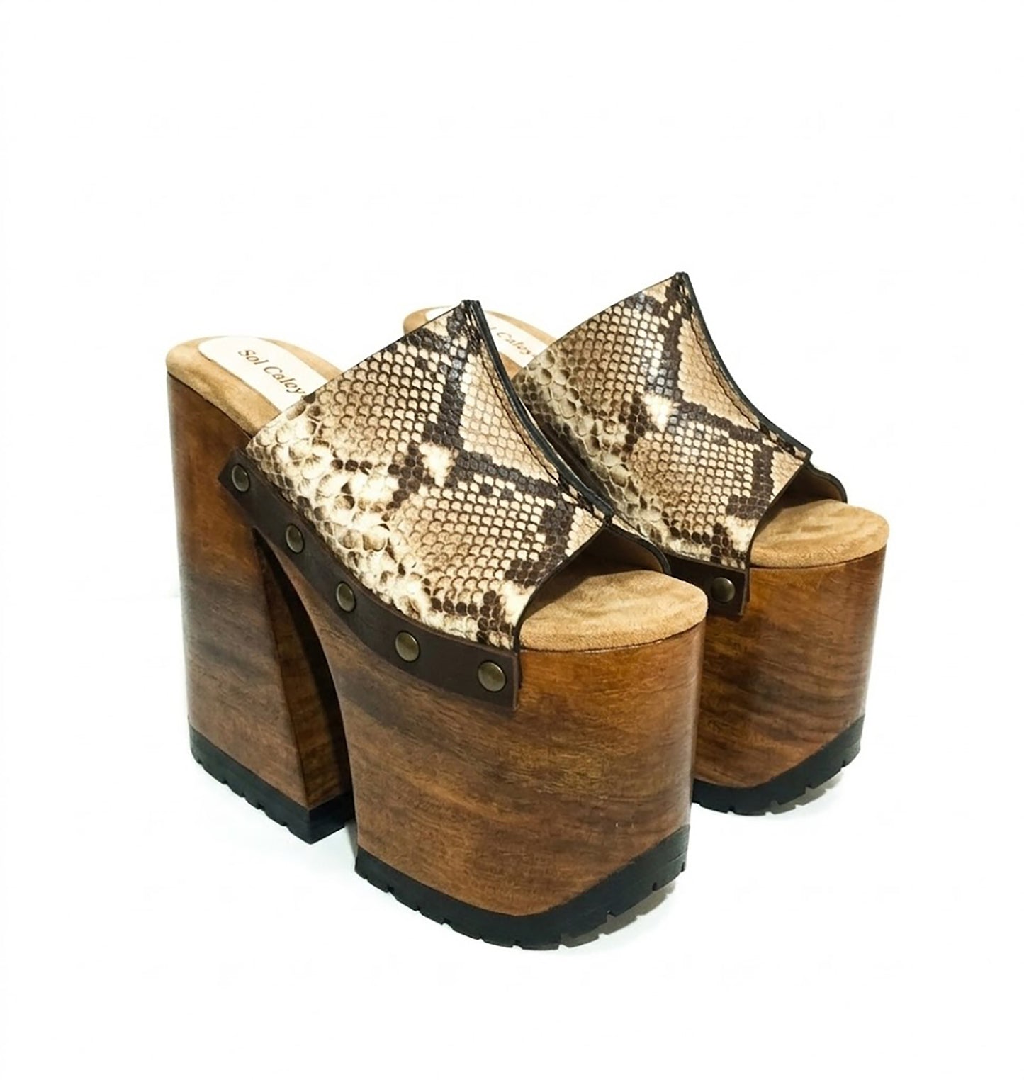 Handcrafted Snake Luxury Queen Sandals by Sol Caleyo featuring exotic snake-print leather, 17cm bell heel, and 11cm hand-carved wooden platform on a white background.