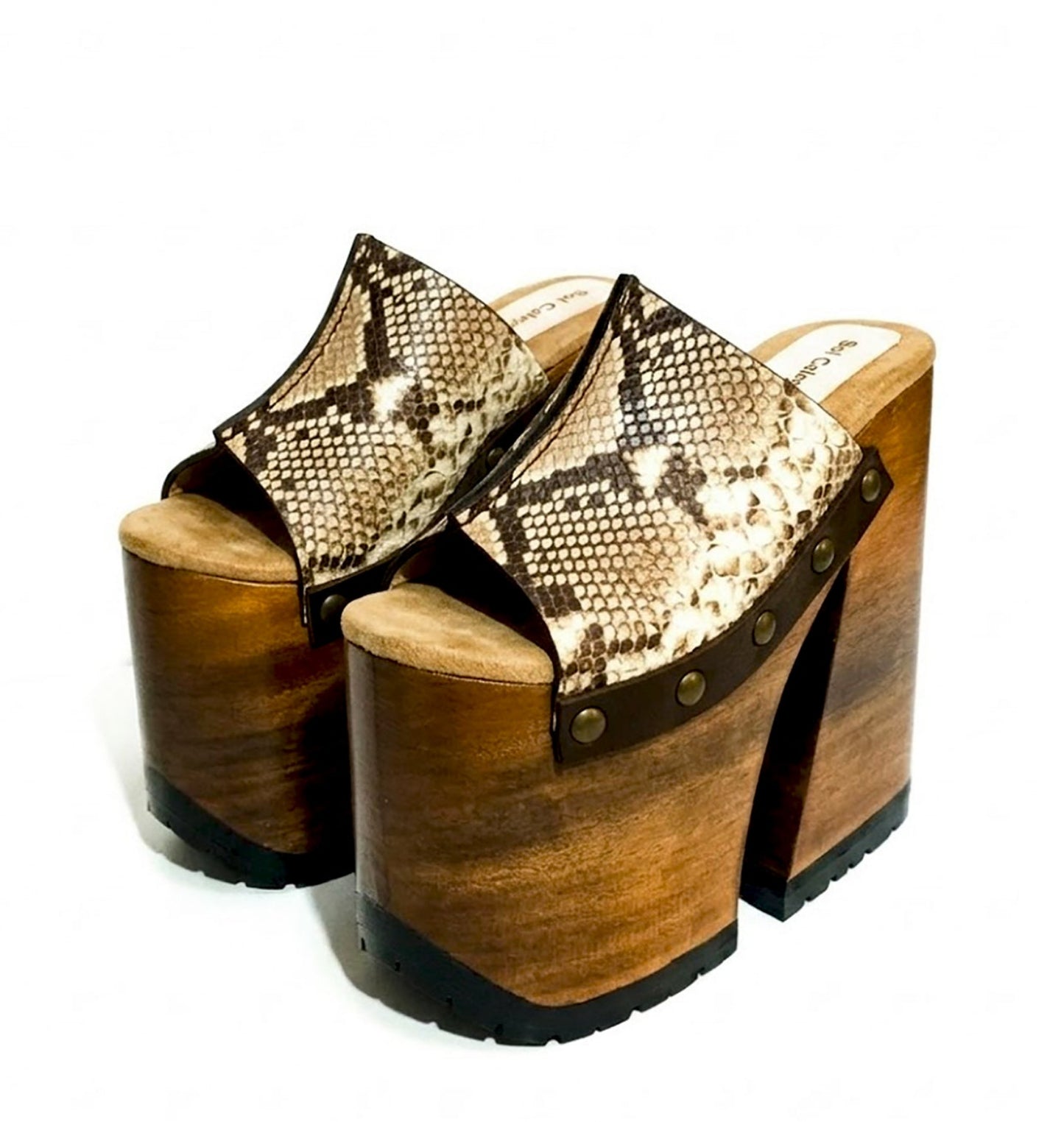 Handcrafted Snake Luxury Queen Sandals by Sol Caleyo featuring exotic snake-print leather, 17cm bell heel, and 11cm hand-carved wooden platform on a white background.