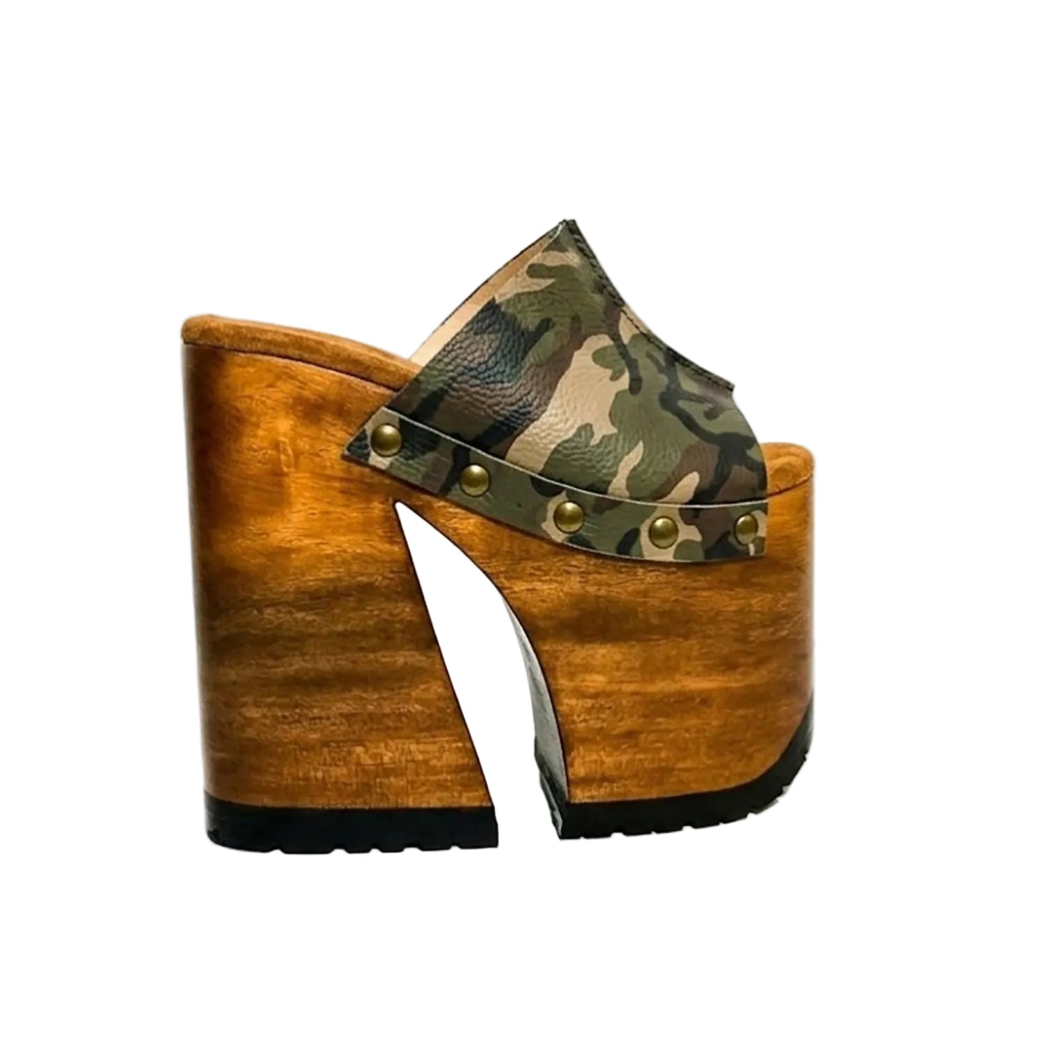 Handcrafted Armi Luxury Queen Sandals by Sol Caleyo featuring camouflage print leather, 17cm bell heel, and 11cm hand-carved wooden platform on a white background.