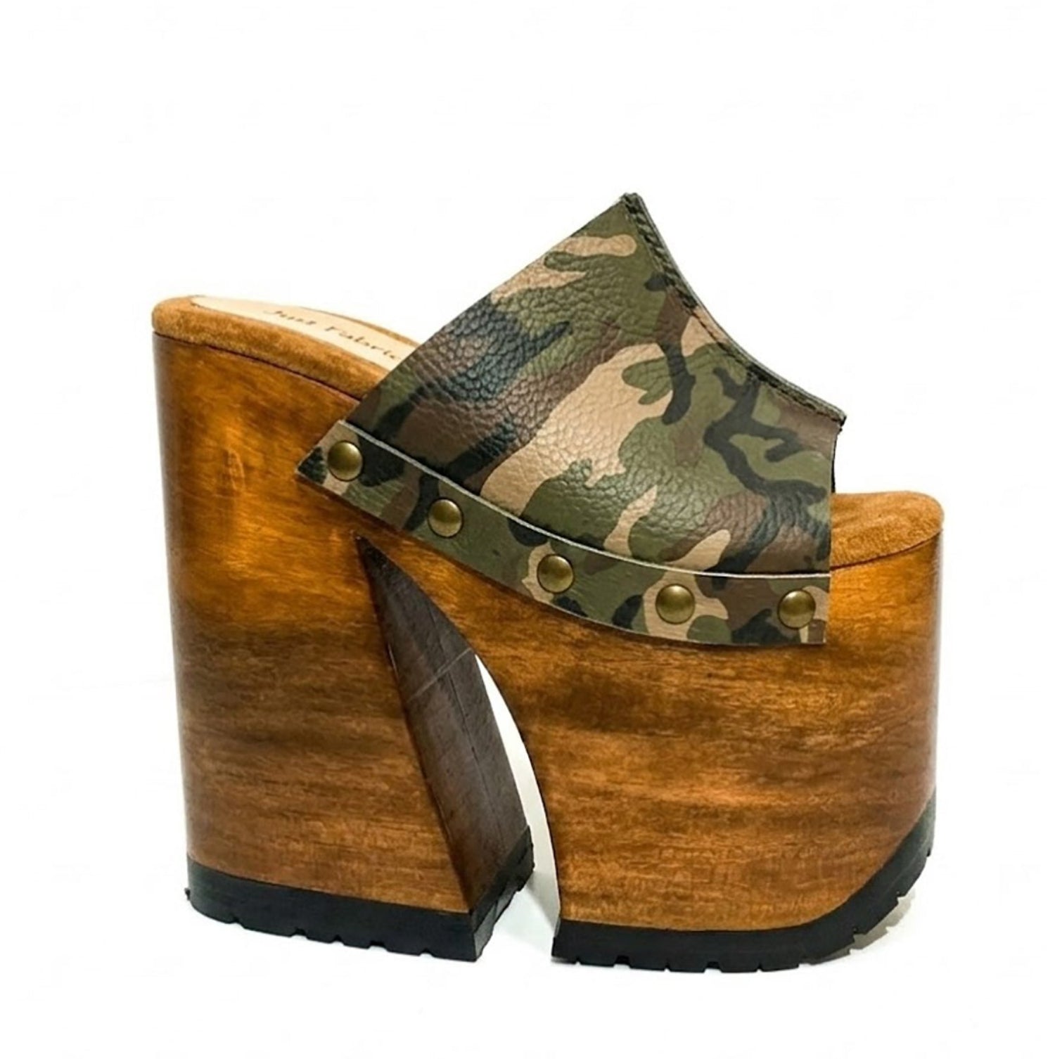 Handcrafted Armi Luxury Queen Sandals by Sol Caleyo featuring camouflage print leather, 17cm bell heel, and 11cm hand-carved wooden platform on a white background.
