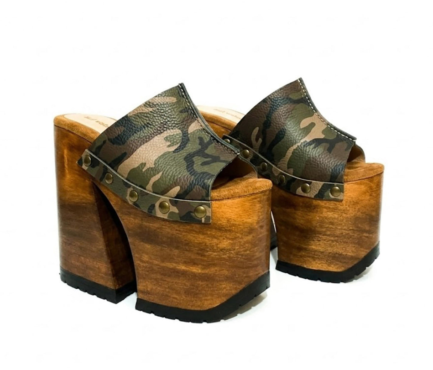 Handcrafted Armi Luxury Queen Sandals by Sol Caleyo featuring camouflage print leather, 17cm bell heel, and 11cm hand-carved wooden platform on a white background.