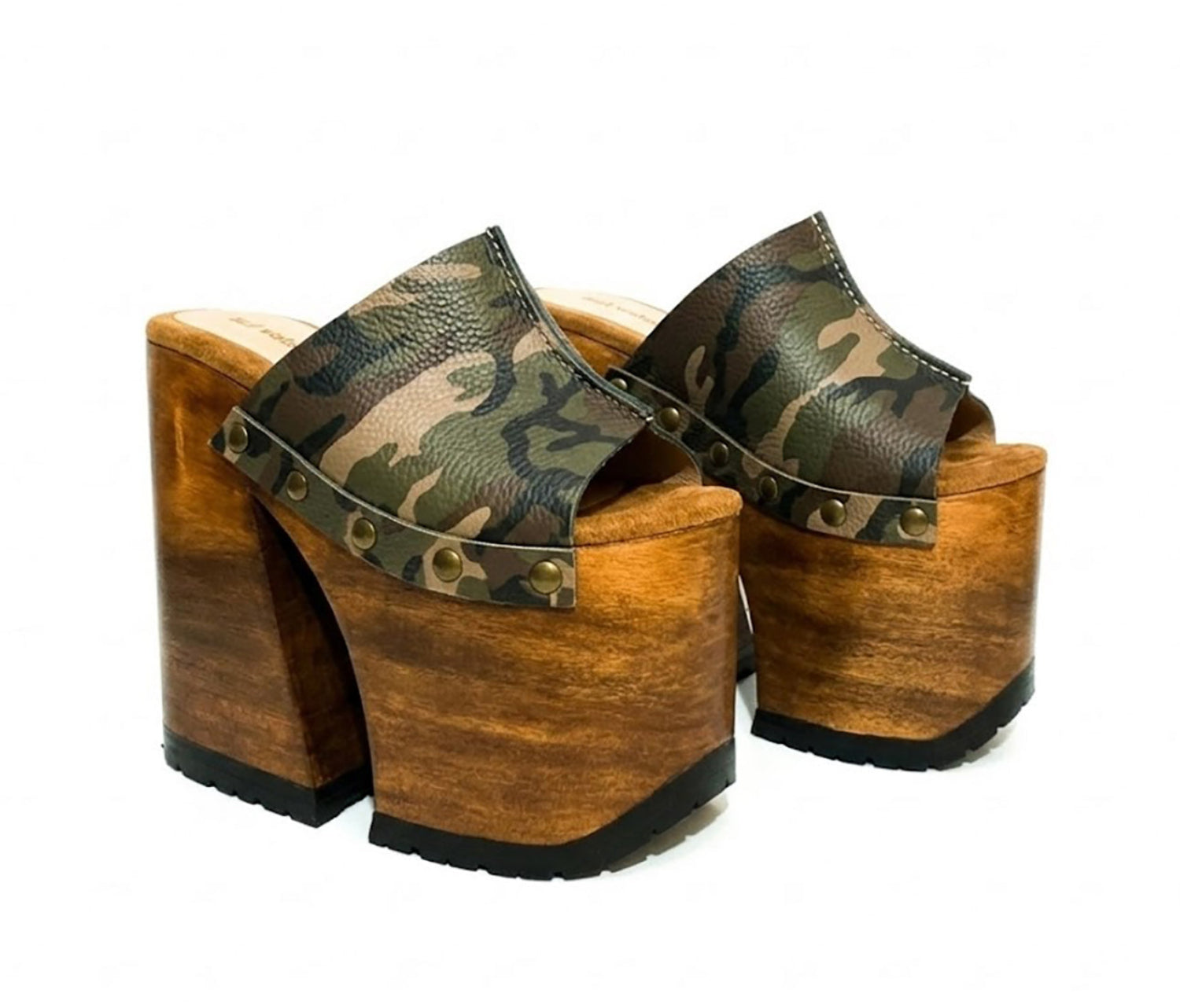 Handcrafted Armi Luxury Queen Sandals by Sol Caleyo featuring camouflage print leather, 17cm bell heel, and 11cm hand-carved wooden platform on a white background.