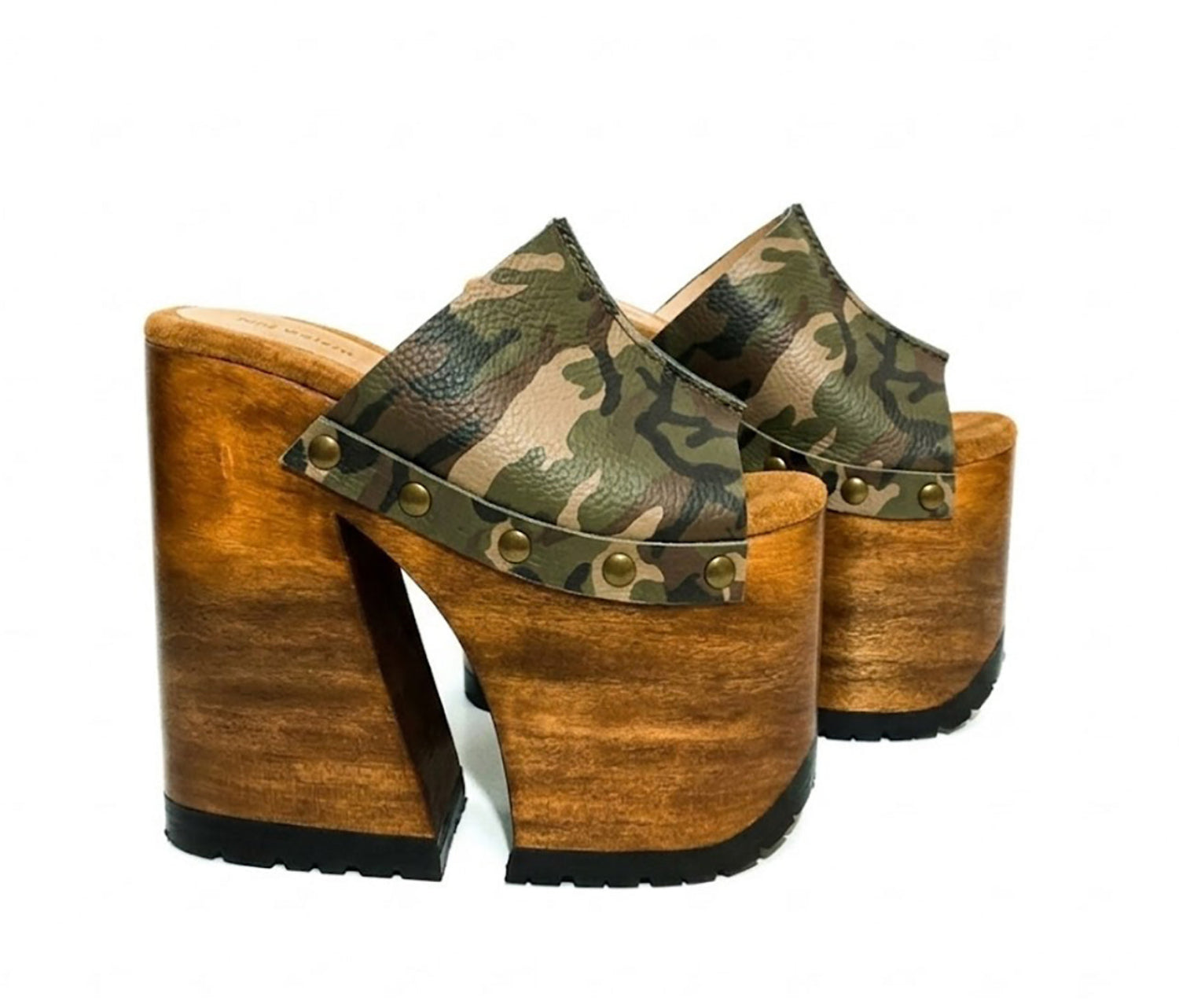 Handcrafted Armi Luxury Queen Sandals by Sol Caleyo featuring camouflage print leather, 17cm bell heel, and 11cm hand-carved wooden platform on a white background.