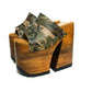 Handcrafted Armi Luxury Queen Sandals by Sol Caleyo featuring camouflage print leather, 17cm bell heel, and 11cm hand-carved wooden platform on a white background.