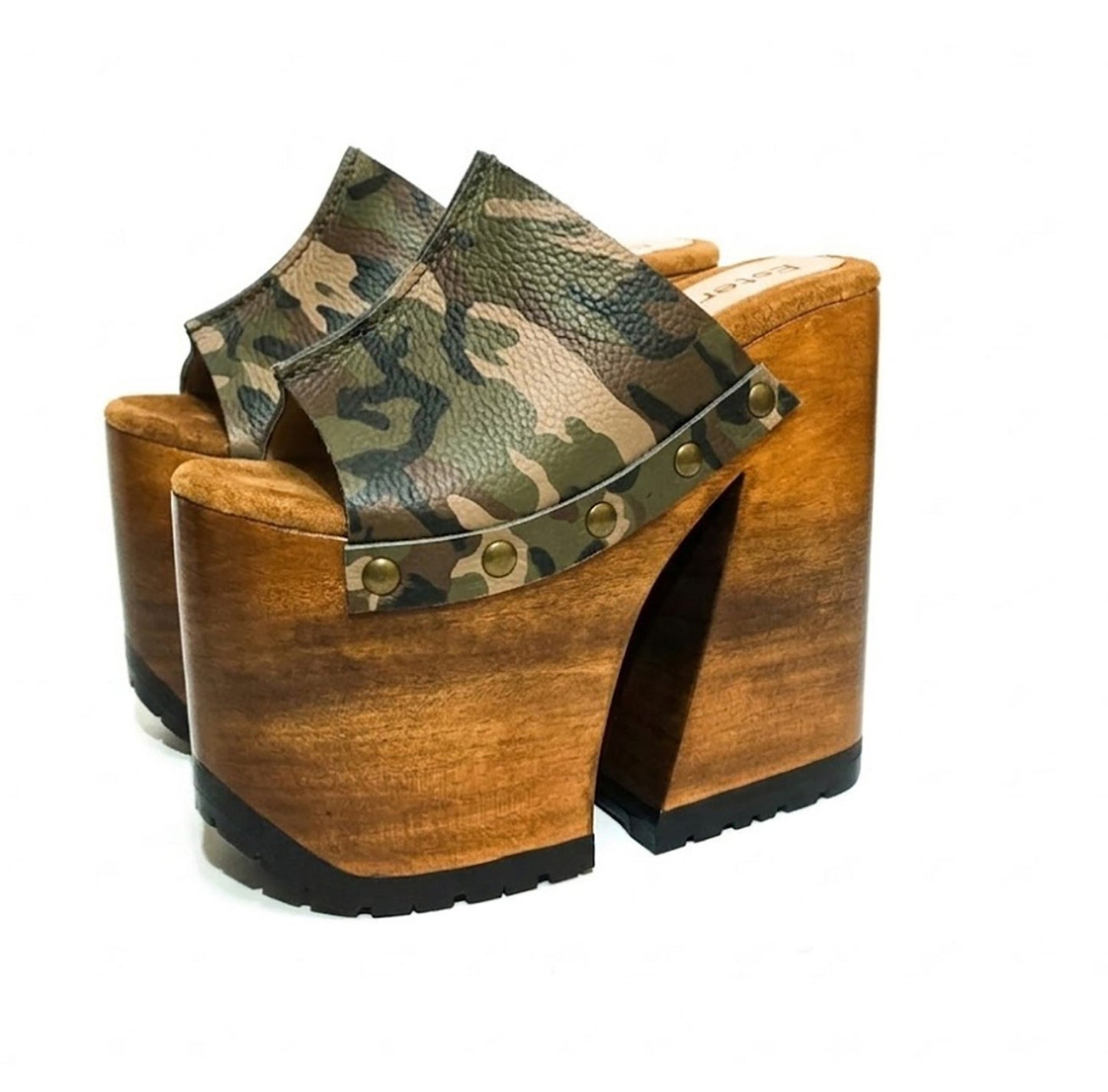 Handcrafted Armi Luxury Queen Sandals by Sol Caleyo featuring camouflage print leather, 17cm bell heel, and 11cm hand-carved wooden platform on a white background.