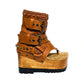 Sol Caleyo Kenya Flip Flop Camel Boots: handmade camel leather platform sandals with wooden wedge and old gold biker embellishments.