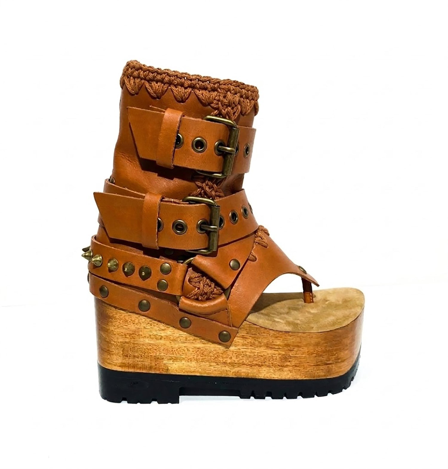 Sol Caleyo Kenya Flip Flop Camel Boots: handmade camel leather platform sandals with wooden wedge and old gold biker embellishments.