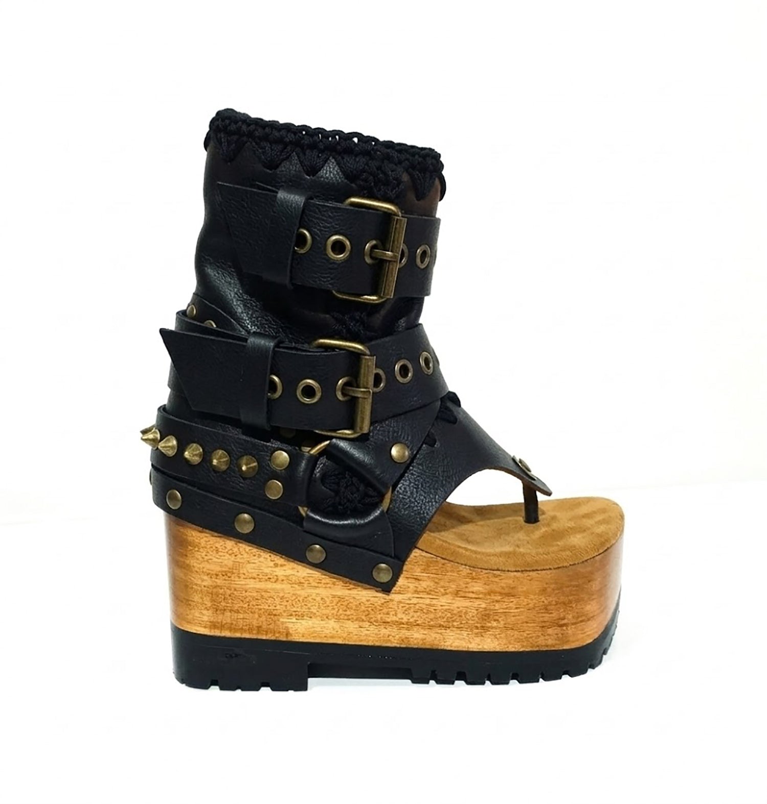 Sol Caleyo Kenya Flip Flop Black Boots: handmade black leather platform sandals with wooden wedge, tractor sole, and old gold biker buckles.