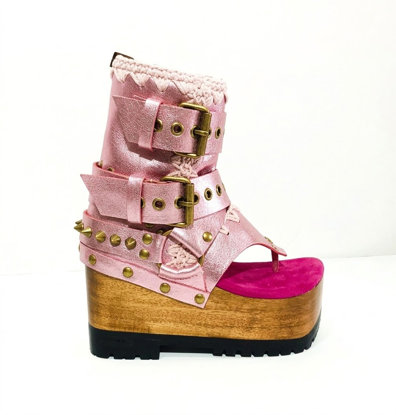 Sol Caleyo Kenya Flip Flop Pink Boots: handmade metallic pink leather platform sandals with wooden wedge, fuchsia insole, and old gold biker studs.