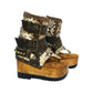 Sol Caleyo Kenya Flip Flop Snake Boots: handmade python print leather platform sandals with brown buckled straps and wooden tractor sole.