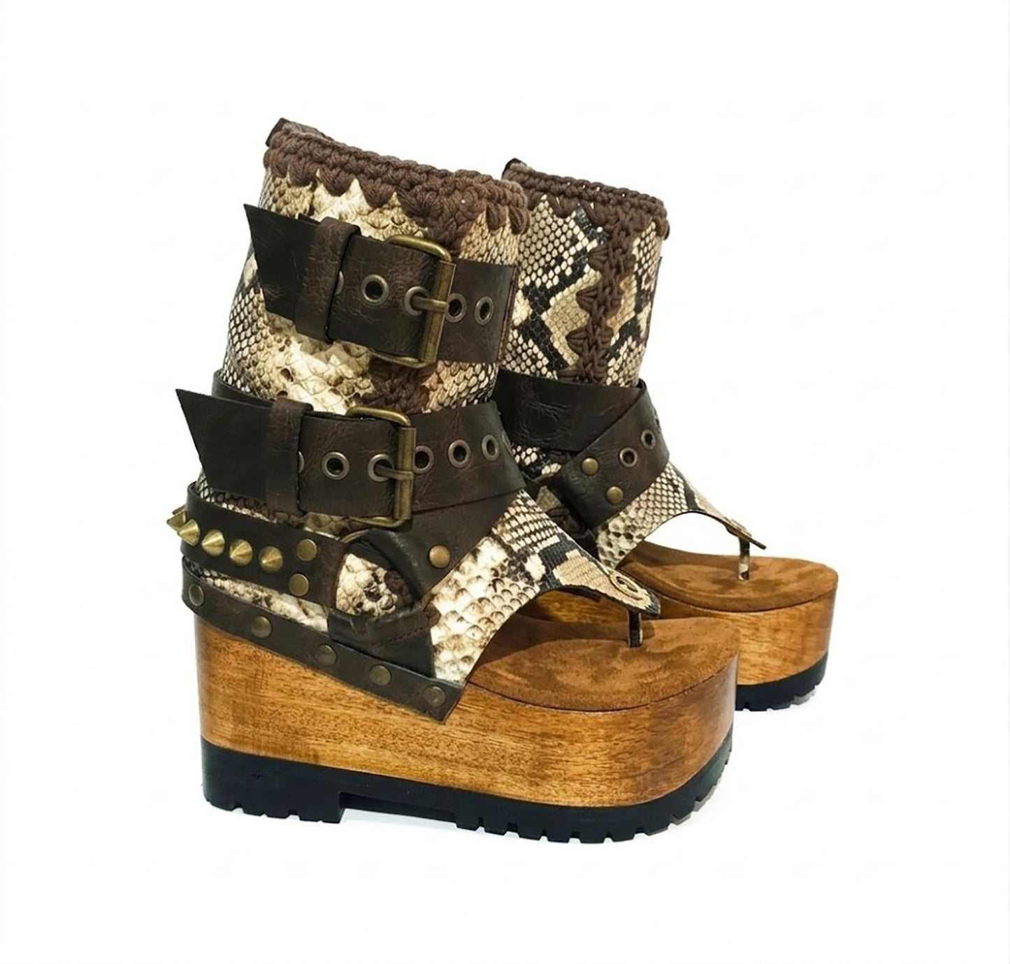 Sol Caleyo Kenya Flip Flop Snake Boots: handmade python print leather platform sandals with brown buckled straps and wooden tractor sole.