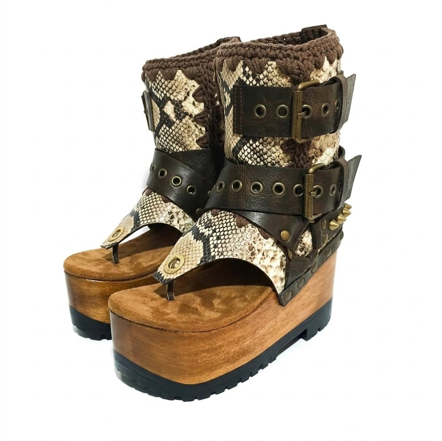 Sol Caleyo Kenya Flip Flop Snake Boots: handmade python print leather platform sandals with brown buckled straps and wooden tractor sole.