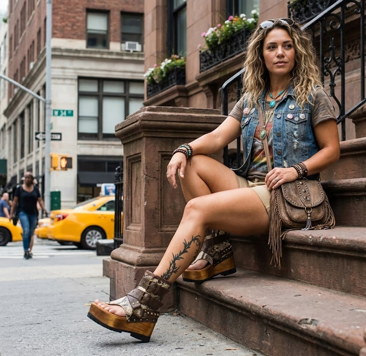 Model wearing Kenya Flip Flop Snake Boots by Sol Caleyo, featuring exotic snake leather and old gold studs in a high-fashion streetwear look.