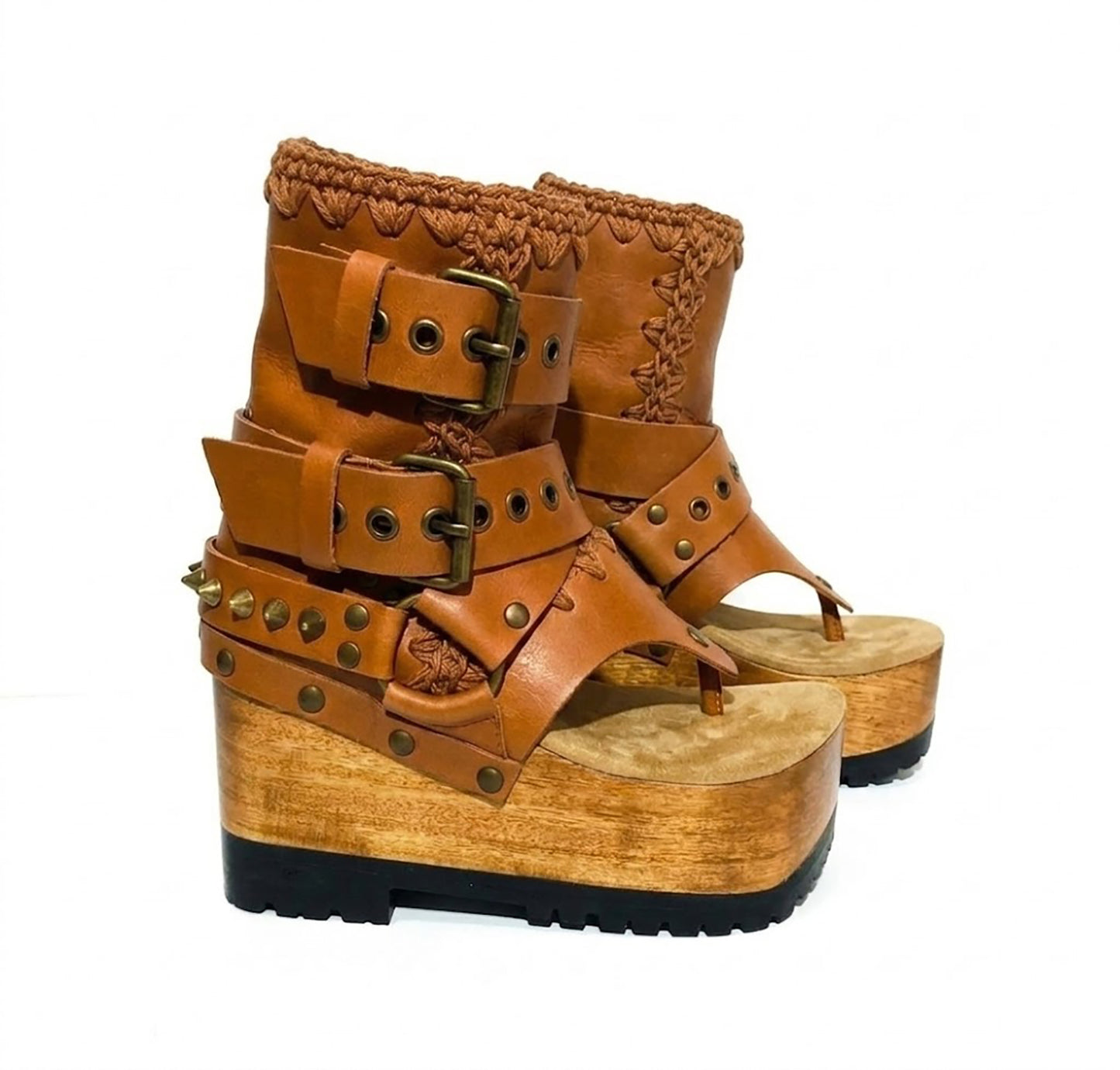 Sol Caleyo Kenya Flip Flop Camel Boots: handmade camel leather platform sandals with wooden wedge and old gold biker embellishments.