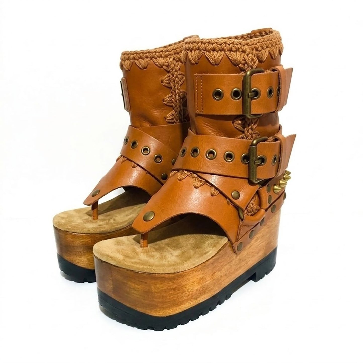 Sol Caleyo Kenya Flip Flop Camel Boots: handmade camel leather platform sandals with wooden wedge and old gold biker embellishments.