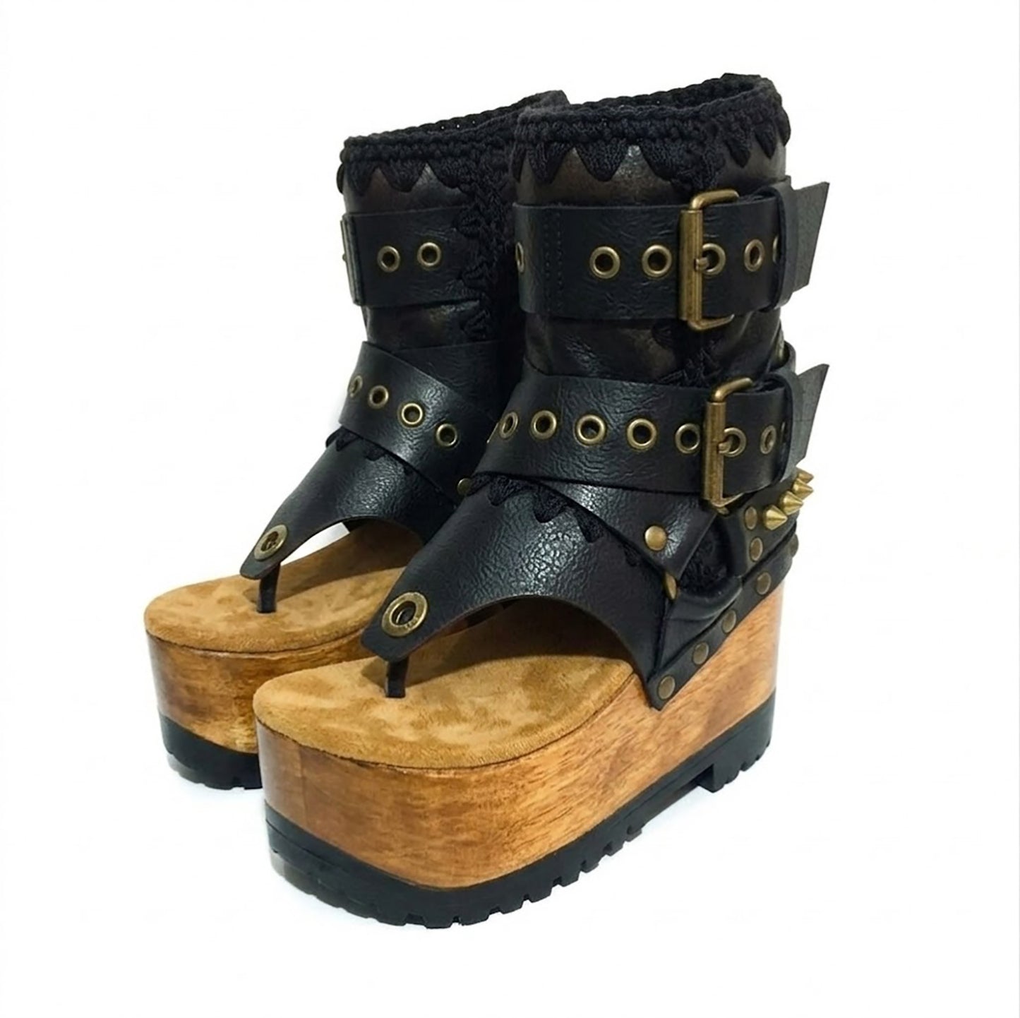 Sol Caleyo Kenya Flip Flop Black Boots: handmade black leather platform sandals with wooden wedge, tractor sole, and old gold biker buckles.