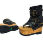 Sol Caleyo Kenya Flip Flop Black Boots: handmade black leather platform sandals with wooden wedge, tractor sole, and old gold biker buckles.