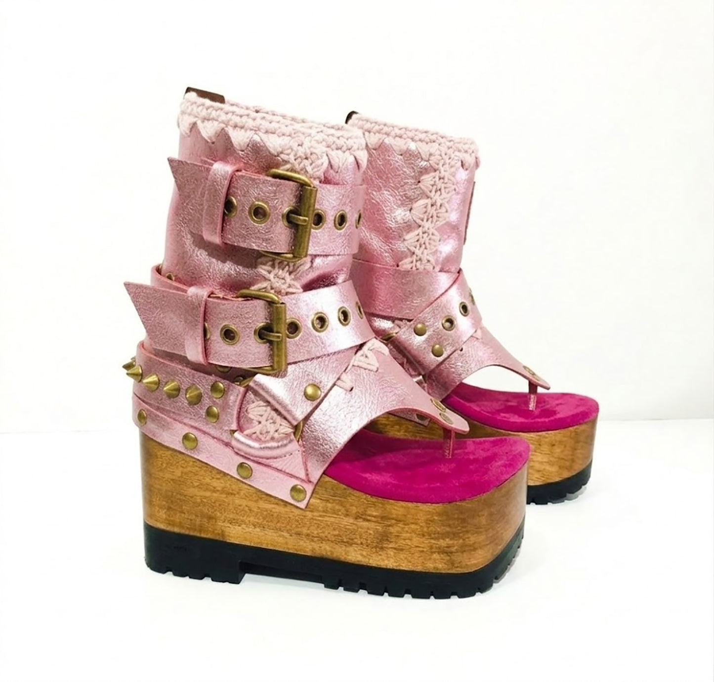 Sol Caleyo Kenya Flip Flop Pink Boots: handmade metallic pink leather platform sandals with wooden wedge, fuchsia insole, and old gold biker studs.