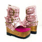 Sol Caleyo Kenya Flip Flop Pink Boots: handmade metallic pink leather platform sandals with wooden wedge, fuchsia insole, and old gold biker studs.
