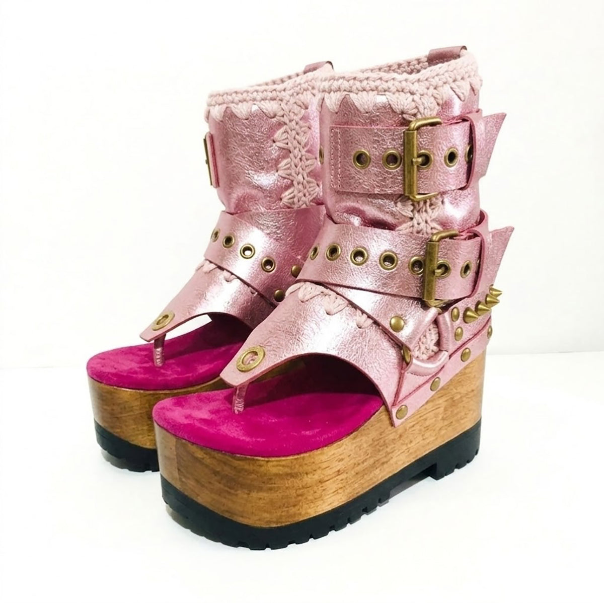 Sol Caleyo Kenya Flip Flop Pink Boots: handmade metallic pink leather platform sandals with wooden wedge, fuchsia insole, and old gold biker studs.