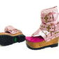 Sol Caleyo Kenya Flip Flop Pink Boots: handmade metallic pink leather platform sandals with wooden wedge, fuchsia insole, and old gold biker studs.