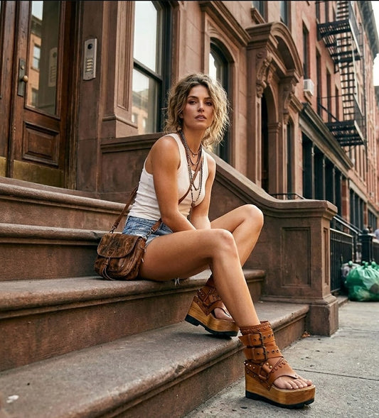 Model wearing the Kenya Flip Flop Camel Boots by Sol Caleyo, showcasing the warm camel leather and chunky wood platform in a summer boho look.