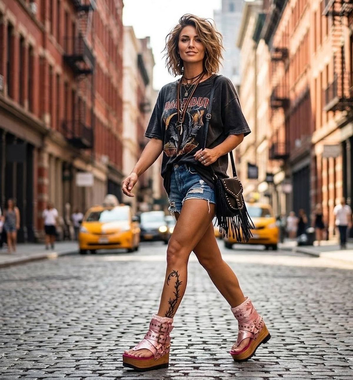 Model wearing the Kenya Flip Flop Pink Boots by Sol Caleyo, featuring metallic pink leather and high wooden platforms in a bright, edgy summer outfit.