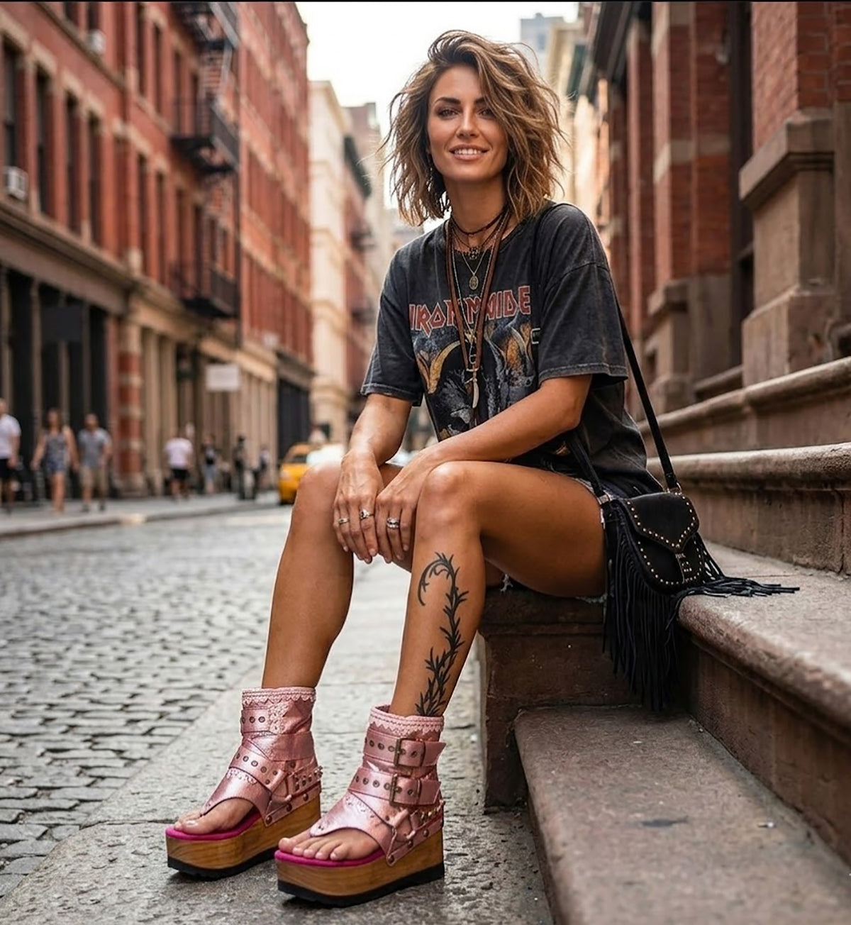 Model wearing the Kenya Flip Flop Pink Boots by Sol Caleyo, featuring metallic pink leather and high wooden platforms in a bright, edgy summer outfit.