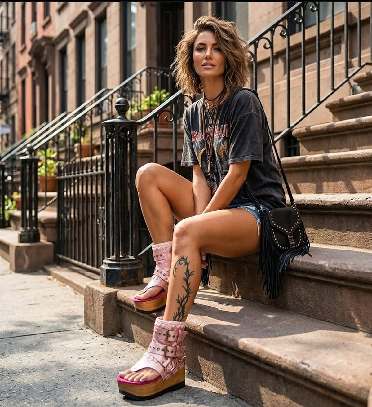 Model wearing the Kenya Flip Flop Pink Boots by Sol Caleyo, featuring metallic pink leather and high wooden platforms in a bright, edgy summer outfit.