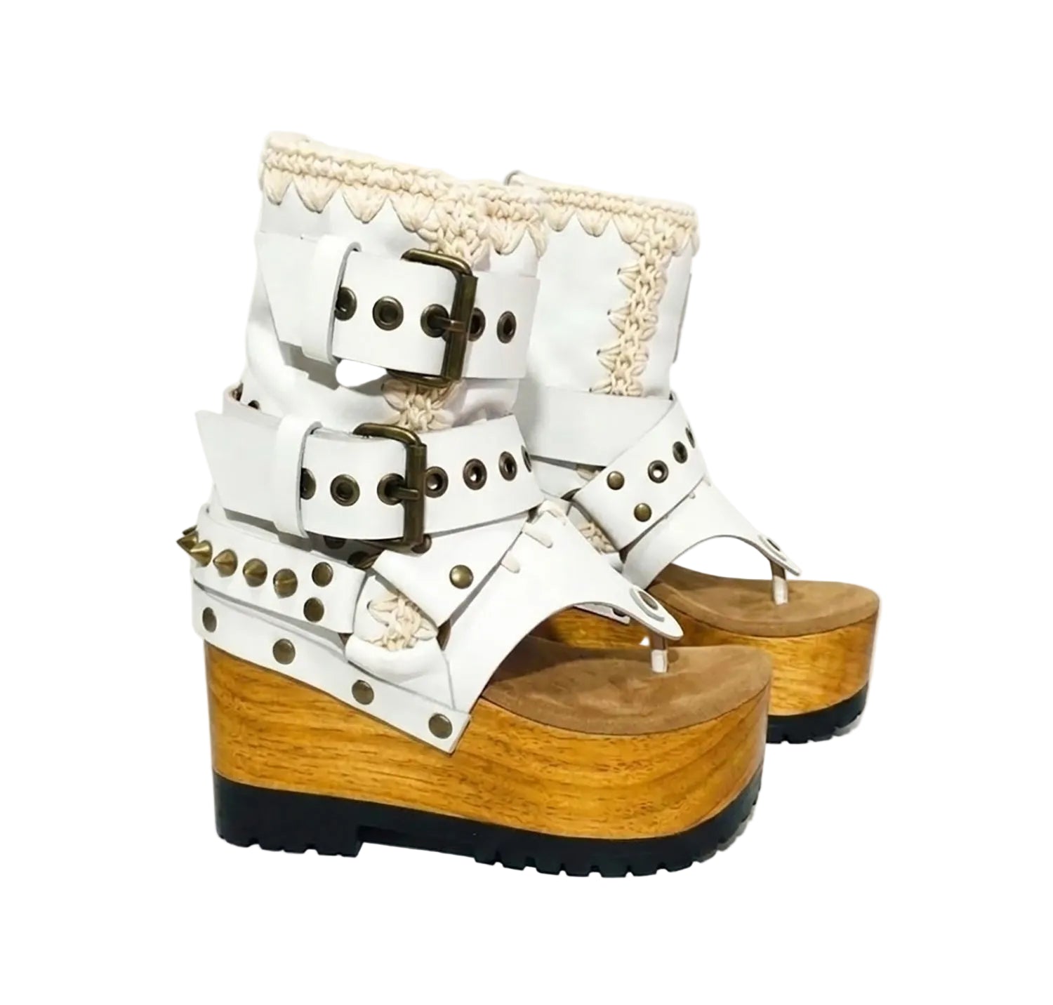 Sol Caleyo Kenya Flip Flop White Boots: handmade white leather platform sandals with wooden wedge, tractor sole, and gold biker buckles.