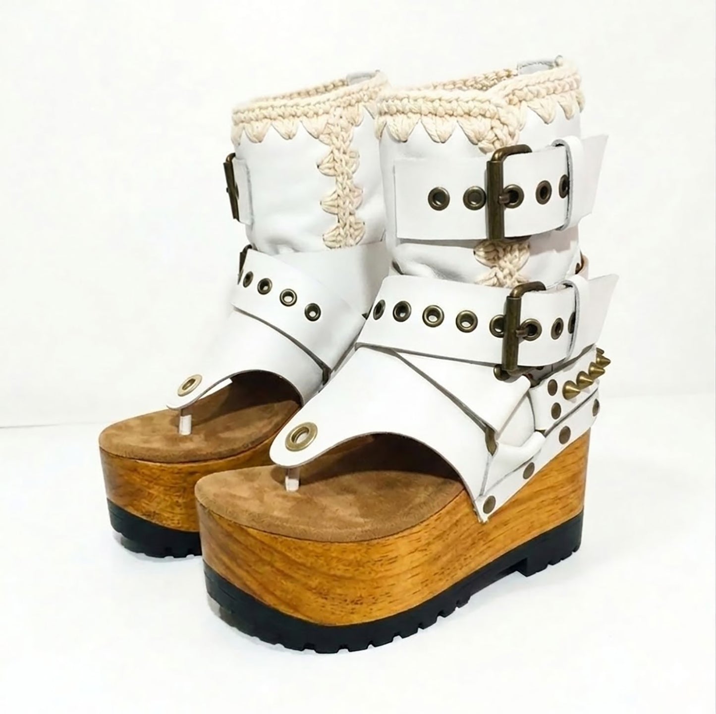 Sol Caleyo Kenya Flip Flop White Boots: handmade white leather platform sandals with wooden wedge, tractor sole, and gold biker buckles.