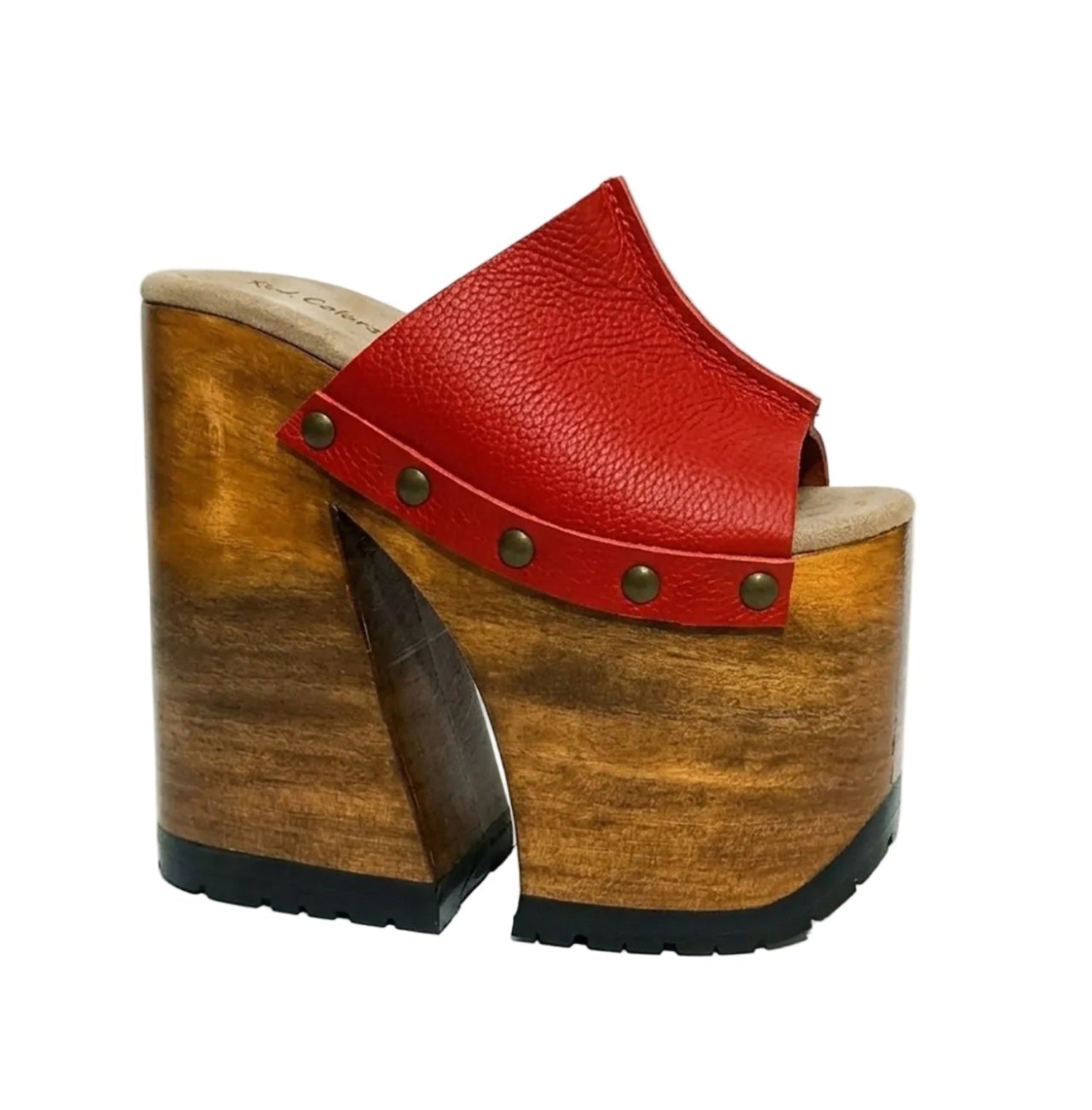 Red Luxury Queen Sandals by Sol Caleyo, featuring vibrant red leather, a massive 17 cm bell-shaped wooden heel, and an 11 cm platform with a black rubber track sole