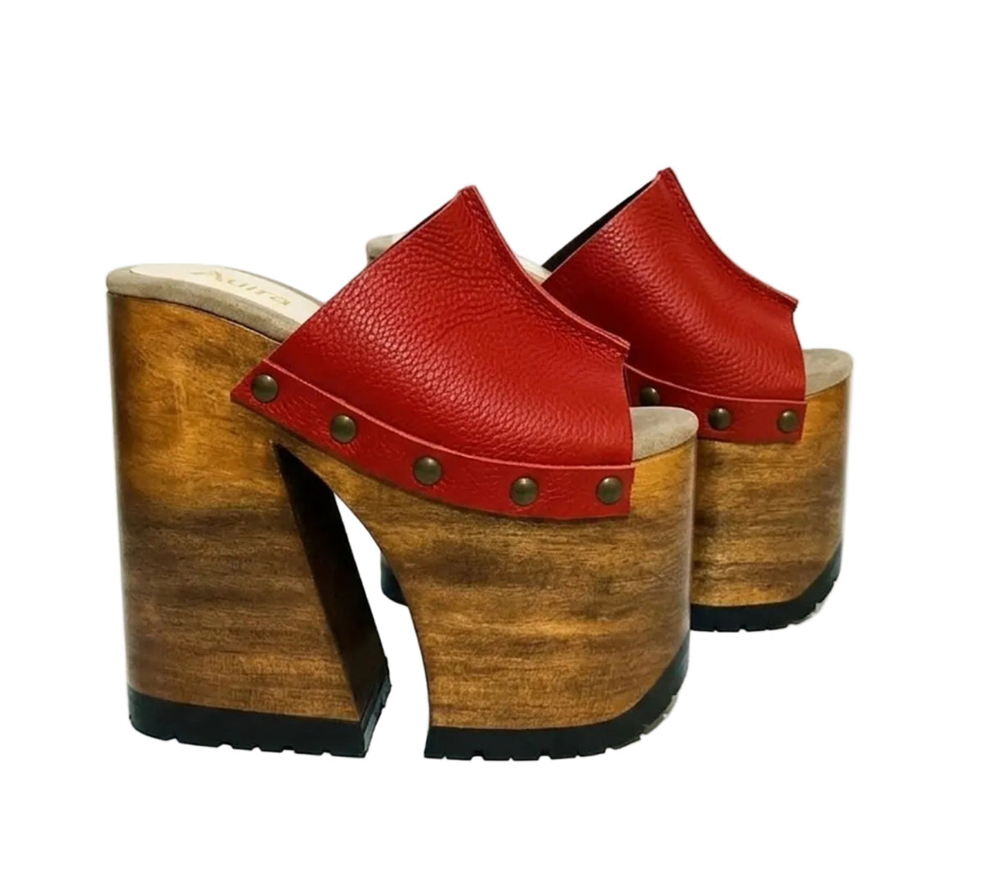 Red Luxury Queen Sandals by Sol Caleyo, featuring vibrant red leather, a massive 17 cm bell-shaped wooden heel, and an 11 cm platform with a black rubber track sole