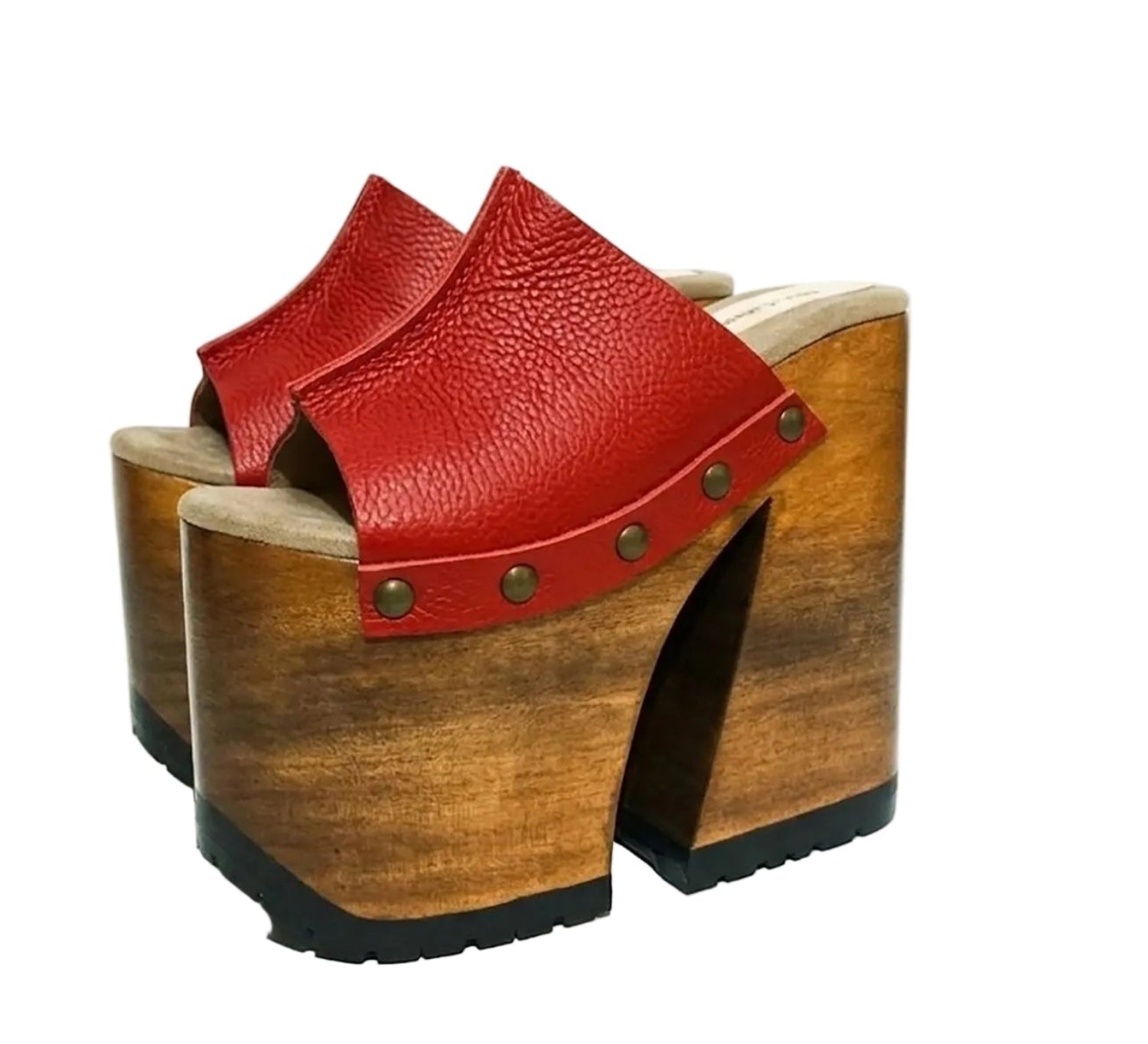 Red Luxury Queen Sandals by Sol Caleyo, featuring vibrant red leather, a massive 17 cm bell-shaped wooden heel, and an 11 cm platform with a black rubber track sole
