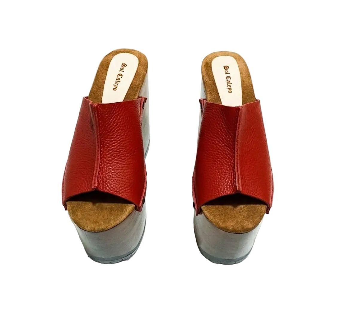 Red Luxury Queen Sandals by Sol Caleyo, featuring vibrant red leather, a massive 17 cm bell-shaped wooden heel, and an 11 cm platform with a black rubber track sole